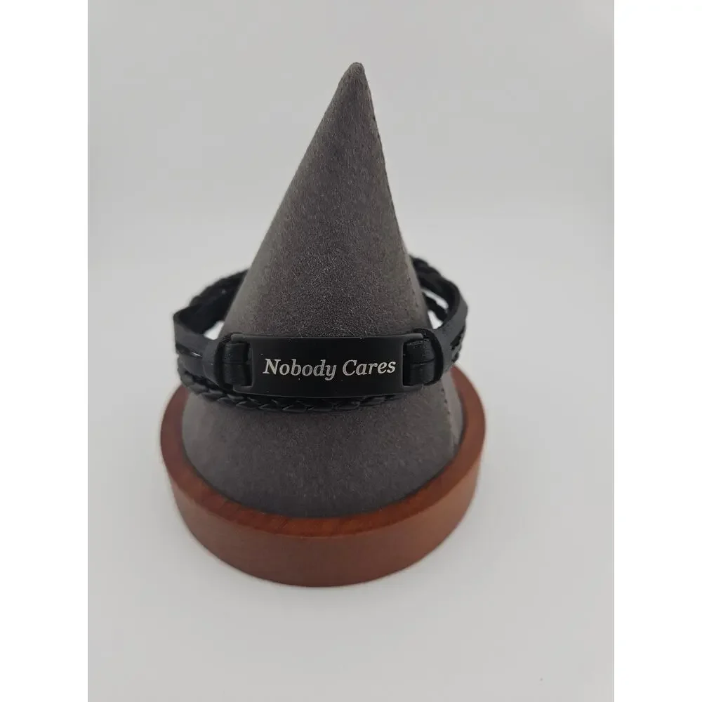 Nobody Cares Braided Leather Bracelet Black Emo Grunge